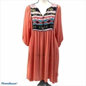 Umgee Boho V-Neck 3/4 Balloon Sleeves Mini Dress. Size S.